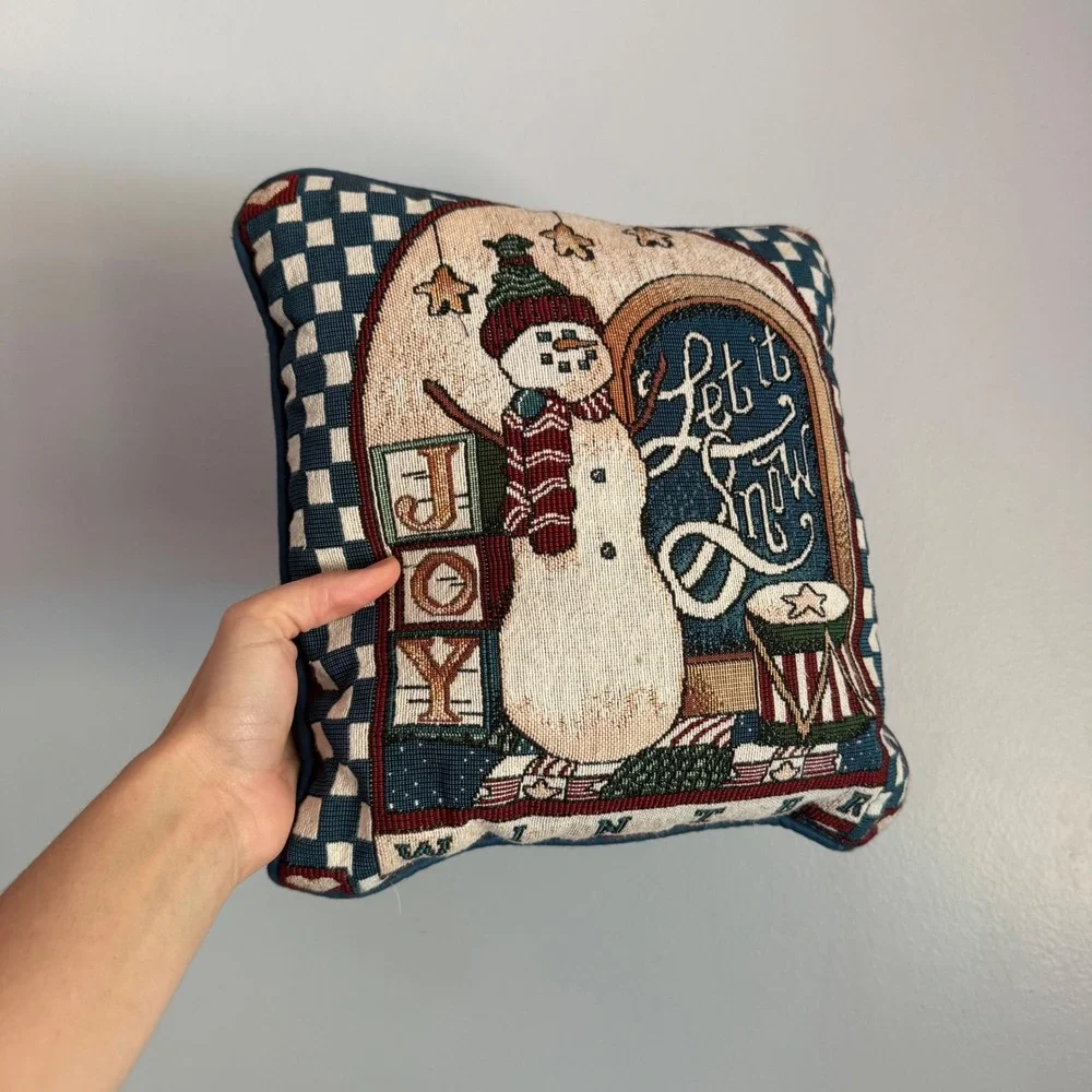 Vintage Winter Snowman Tapestry Throw Pillow Let It Snow Joy Woven  12x12
